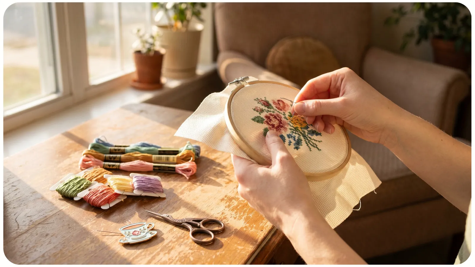 Demonstration of the sewing method in cross-stitch