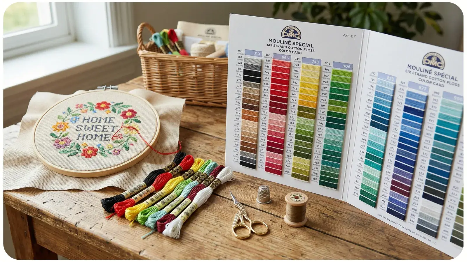 Materials needed including DMC color card and threads