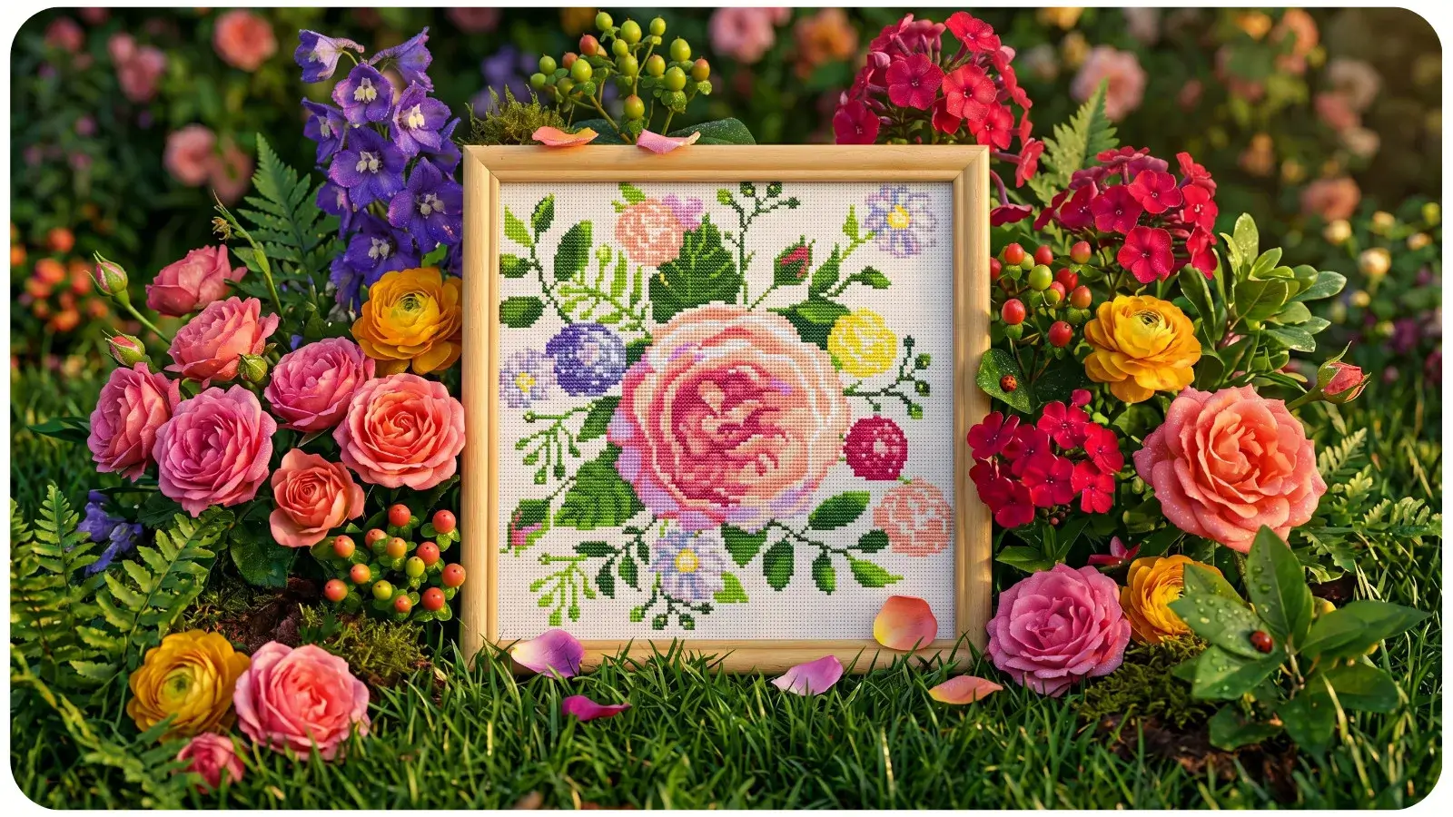 Floral cross stitch pattern with roses and wildflowers