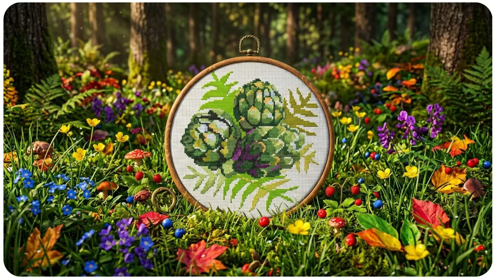 Botanical minimalism cross stitch with simple leaf patterns