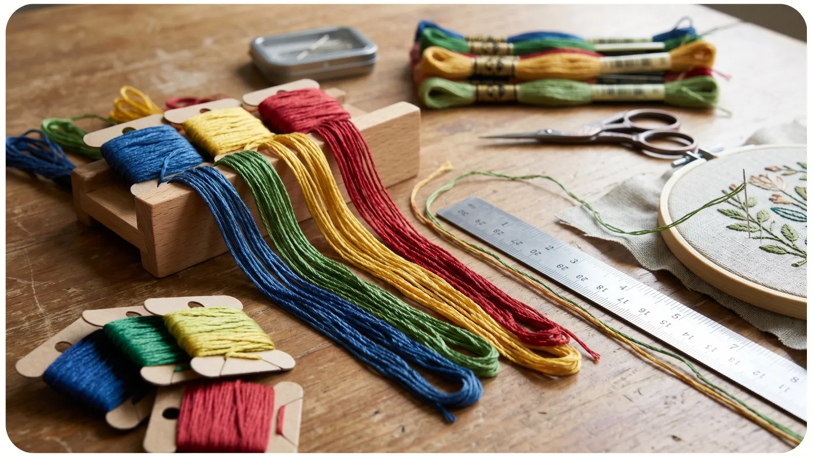 Colorful cross-stitch floss cut to proper lengths