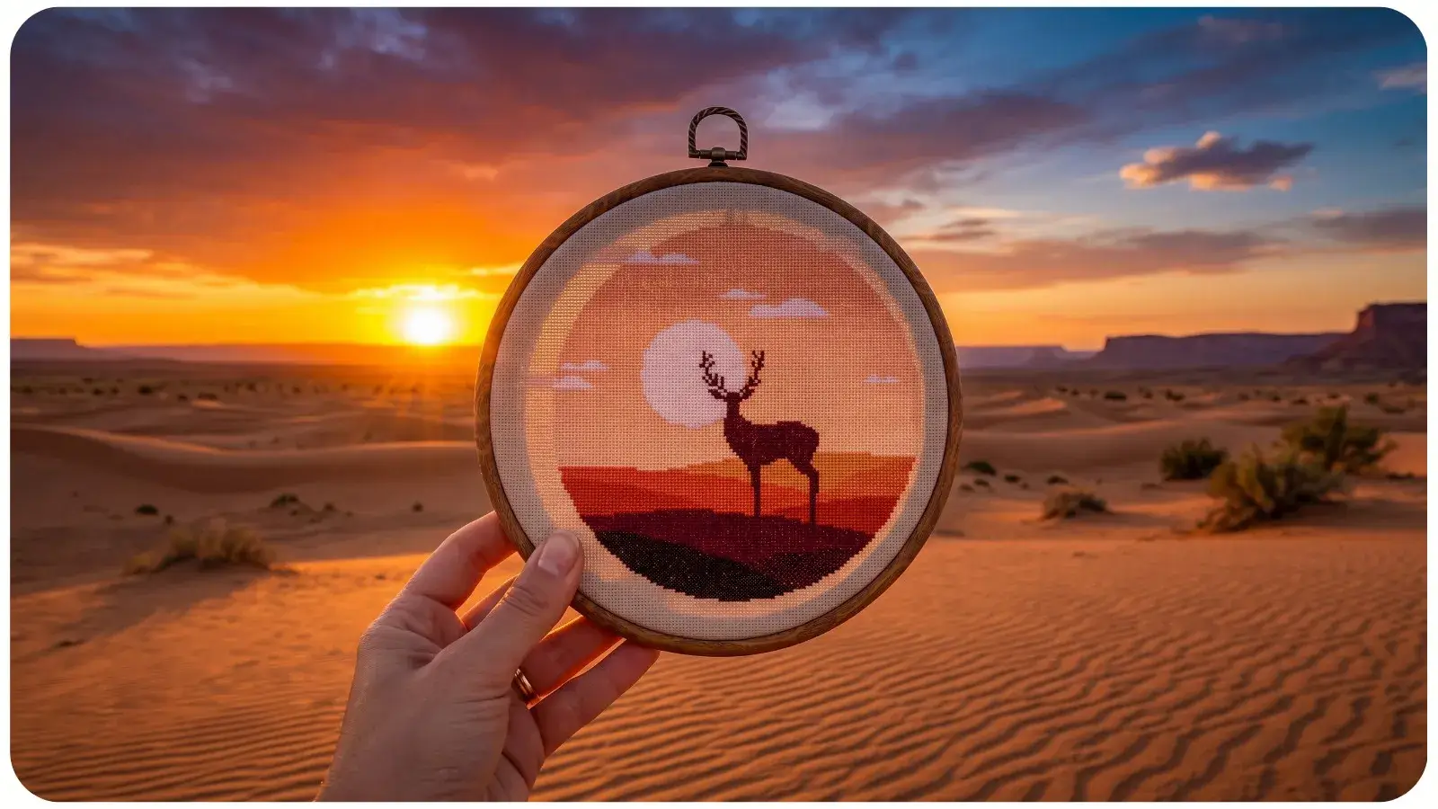 Landscape cross stitch scene with mountains and sunset