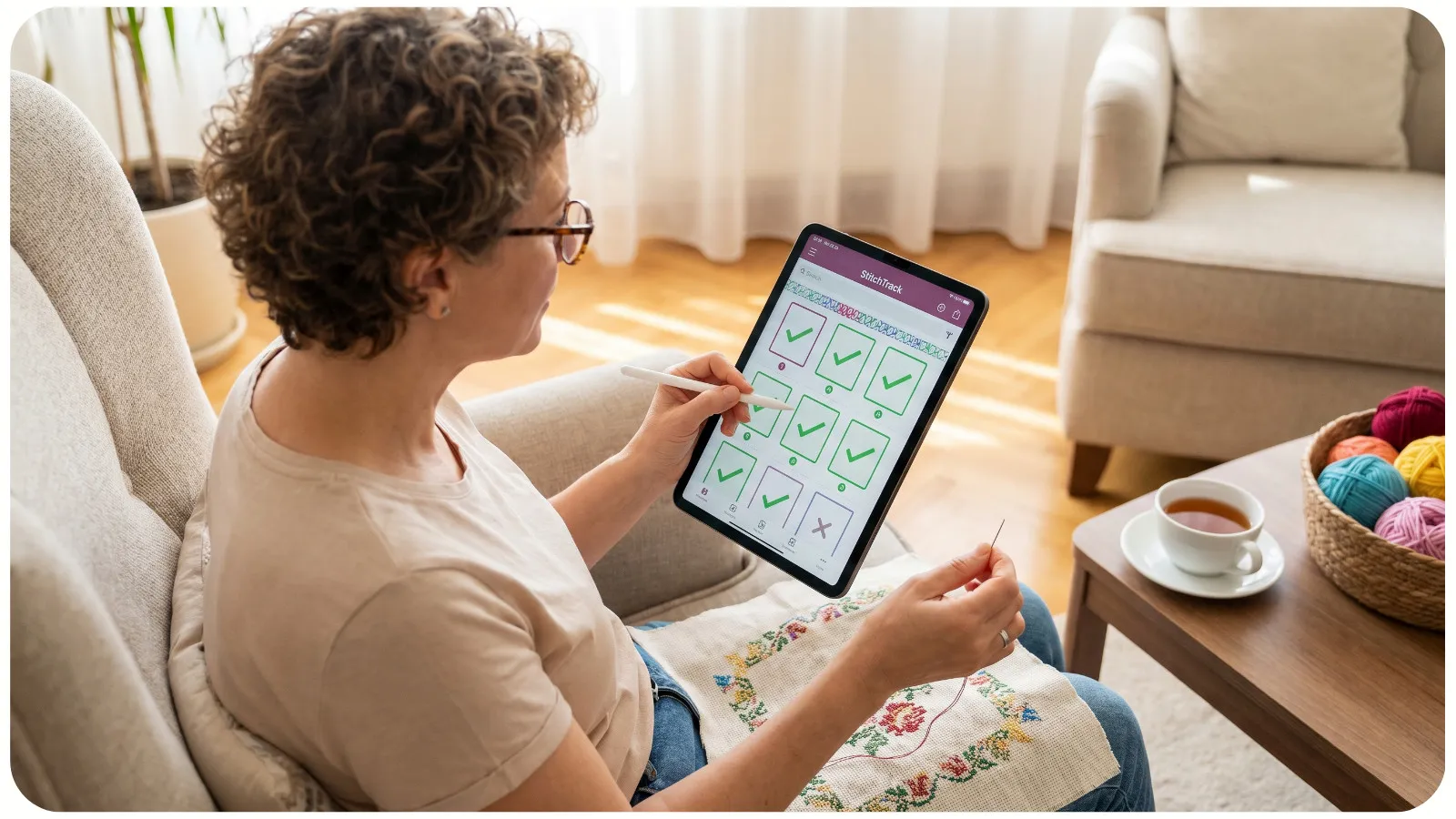 Woman using a tablet app to mark off cross-stitch pattern progress