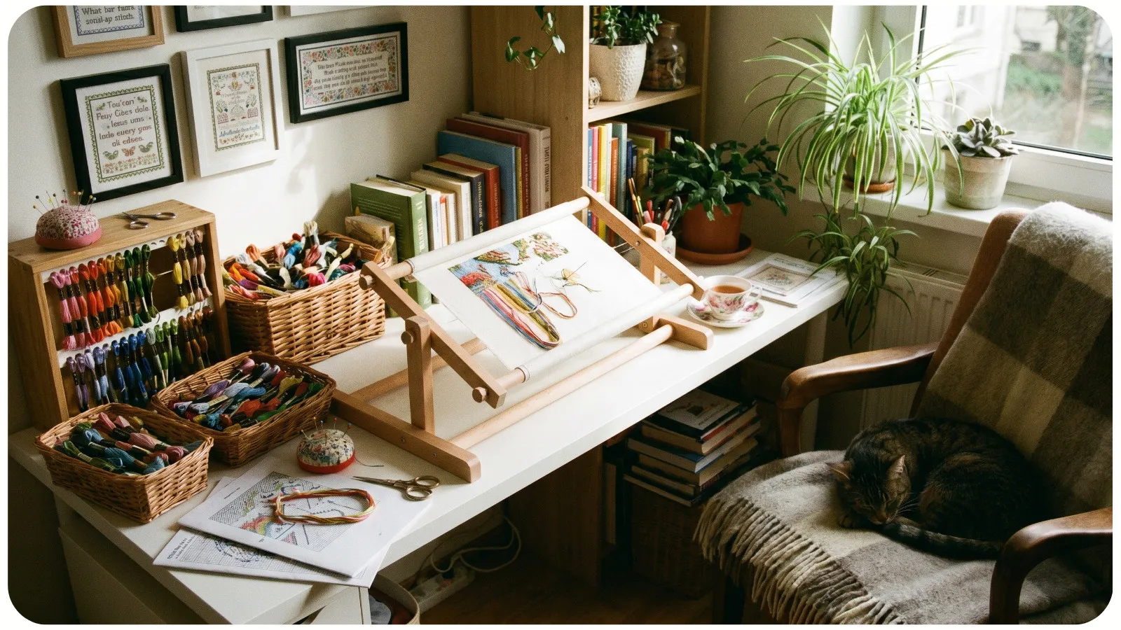 A well-organized cross-stitch workspace