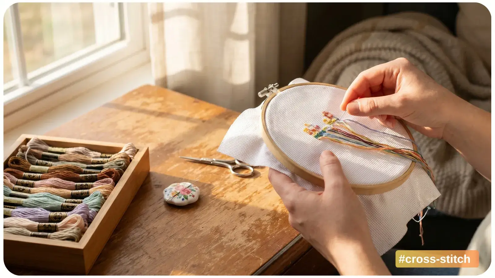 Cross stitch materials and tools laid out on a table