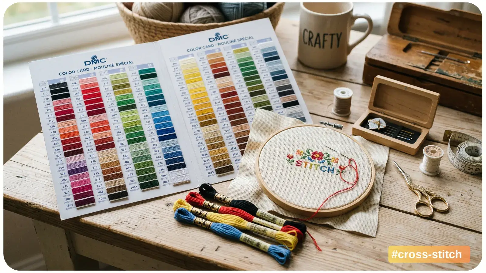 Comparing cross-stitch threads to a DMC color card