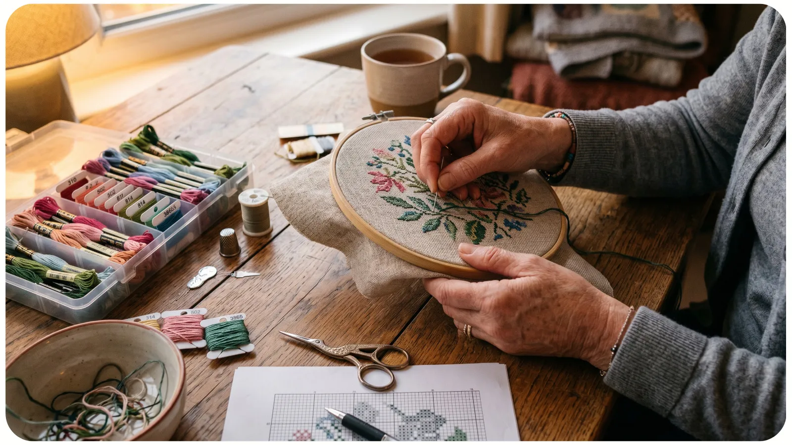 Hand holding cross-stitch thread